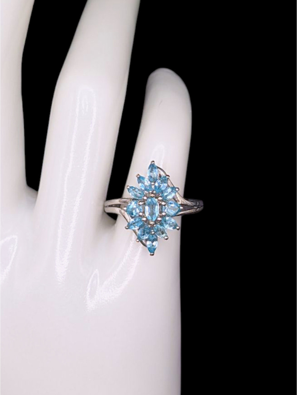Vintage Marquise Cut Simulated Blue Topaz Flower Sterling Statement Ring
